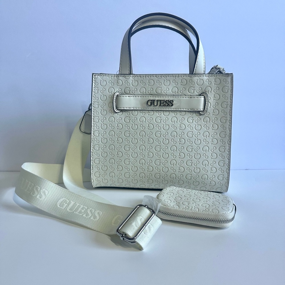 GUESS White Logo Tote Bag w/ Strap & Coin Pouch